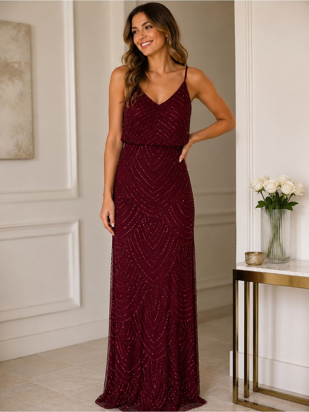Adrianna Papell Burgundy Beaded Spaghetti Strap Maxi Evening Dress